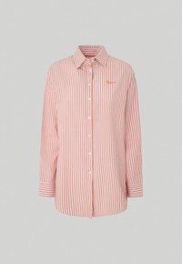 Camicia abbottonata a righe rosa e bianche, con maniche lunghe, colletto e un piccolo logo ricamato sul petto.