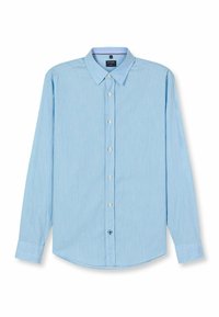 Hellblaues Langarmhemd aus gewebtem Stoff, mit klassischem Kragen, Knopfleiste und abgerundetem Saum mit subtiler Textur.