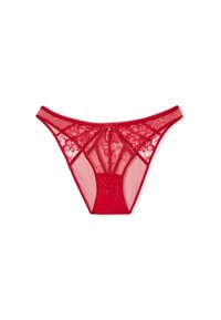 Roter Spitzen-Tanga mit einem transparenten Mesh-Design, floralem Muster und einem kleinen Metallelement in der Mitte. Elastischer Bund und minimale Abdeckung.