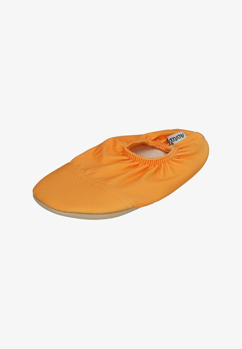 Oranges Stoffballerinas mit einem gerafften elastischen Einstieg, glatter Textur und einer weichen beige Sohle. Minimalistisches Design für einfaches Tragen.
