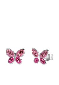 Boucles d'oreilles en forme de papillon en argent avec émail rose et différentes pierres à rhinestones roses, dotées d'une fermeture à tige.