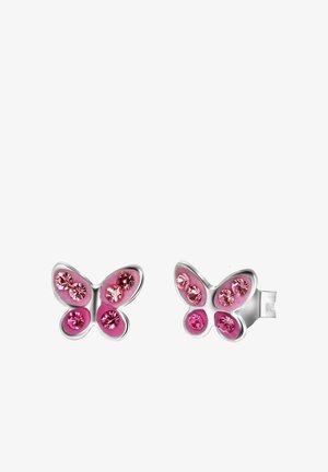Schmetterlingsohrringe aus Silber mit rosa Emaille und verschiedenen pinken Strasssteinen, mit einem Steckverschluss.
