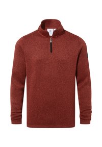 Maroon quarter-zip pullover made of textured knit fabric. Features long sleeves and a small logo on the left sleeve.