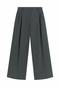 Vid-benet byxor i mörkgrått tyg, med veck och en skräddarsydd design. Slät front utan synliga fickor eller hårdvarudetaljer.