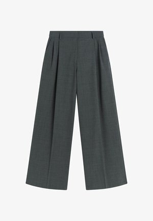 Wide-leg trousers in dark gray fabric, featuring pleats and a tailored design. Flat front with no visible pockets or hardware details.