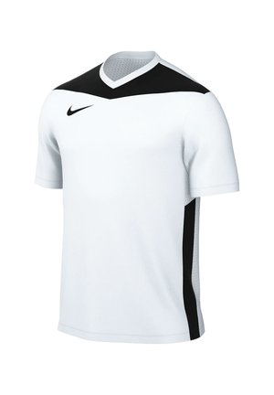 Weißes Sportshirt mit kurzen Ärmeln, schwarzem Schulterpaneel, schwarzen Seitenstreifen und kleinem schwarzem Nike-Logo auf der Brust.