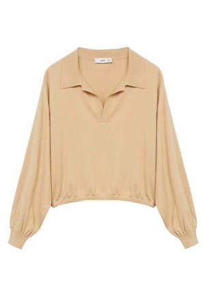 Pull beige à manches longues avec col, encolure en V, manches bouffantes et ourlet élastiqué.