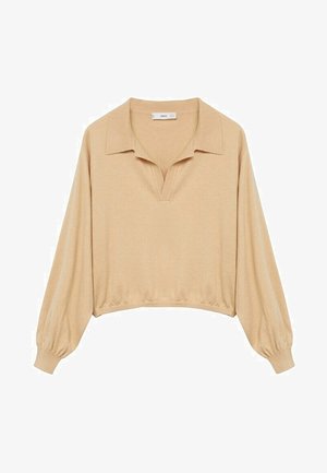 Pull beige à manches longues avec col, encolure en V, manches bouffantes et ourlet élastiqué.