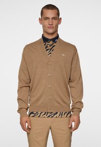 Brun cardigan med V-ringning, knappstängning och ribbade ärmslut. Bärs över en mönstrad skjorta med tigerstripor i beige och svart.