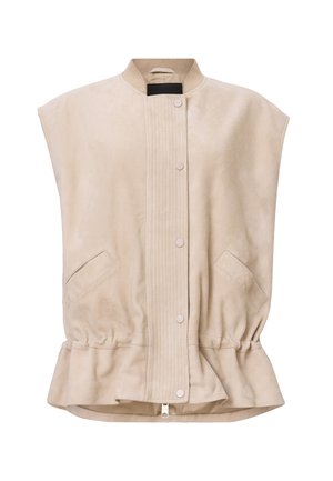 Beige mocka väst med ståkrage, framknäppning, ribbad detalj, och två sidofickor med en samlad nederkant.