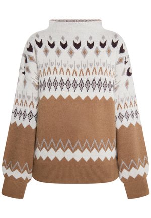 Pletený svetr s vysokým výstřihem, který má geometrický vzor v hnědé, krémové a tmavě šedé barvě. Volný střih s žebrovanými manžetami a spodním lemem.