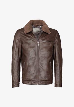 Brun læderjakke med lynlås foran, to lynlåslommer i siderne, lynlåslomme på brystet og blød brun kravefoer, medium størrelse label indeni.