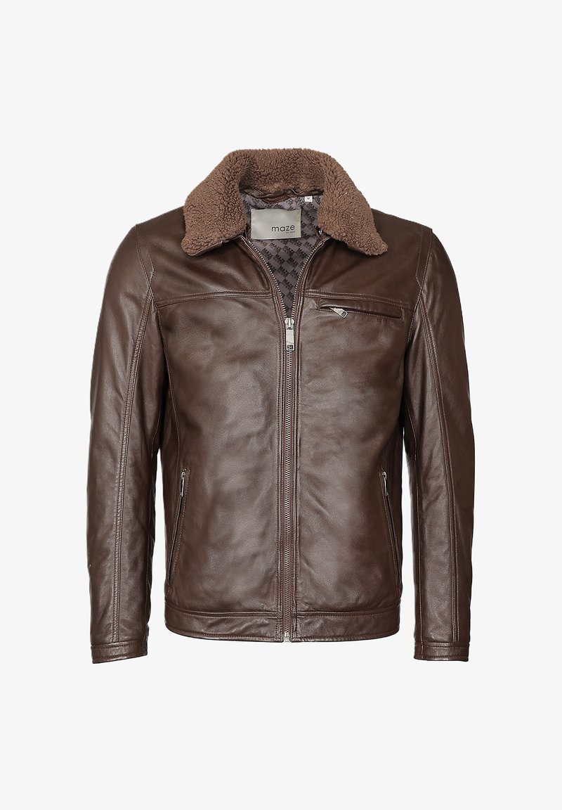 Ruskea nahkatakki vetoketjulla edessä, kaksi sivutaskua vetoketjulla, rintatasku vetoketjulla ja karvainen ruskea kauluksen vuori, keskikokoinen kokoetiketti sisäpuolella.