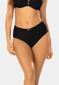 Czarny, prążkowany kostium kąpielowy z wysokim stanem. Posiada złote, okrągłe akcenty w talii. Gładka tekstura i dopasowany krój.