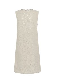 Ärmelloses Kleid aus hellem beigen Stoff, verziert mit verstreuten Pailletten. Es hat einen runden Ausschnitt und einen Reißverschluss auf der Rückseite.