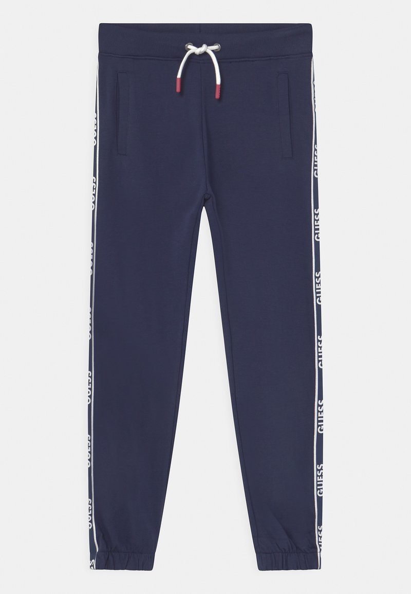 Marineblaue Sweatpants aus weichem Stoff, mit seitlichen Taschen, elastischen Bündchen und einem Kordelzugbund mit kontrastierenden Logo-Streifen.