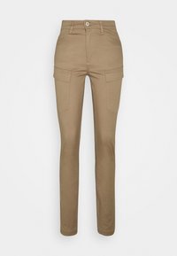 Khaki cargobyxor gjorda av bomullsmaterial, med två sidofickor, knappstängning, slim fit och en slät yta.