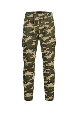 Pantaloni cargo da uomo a taglio slim con motivo mimetico verde e beige, vita elasticizzata con coulisse e patte sulle tasche delle cosce.