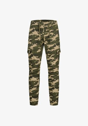 Pantaloni cargo da uomo a taglio slim con motivo mimetico verde e beige, vita elasticizzata con coulisse e patte sulle tasche delle cosce.