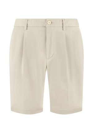 Beżowe szorty do kolan z szlufkami na pasek, zapięciem na guzik z przodu oraz dwoma plisami po bokach dla dopasowanego kroju.