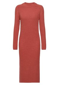 Robe en maille à manches longues de couleur rouille, avec un col haut, une coupe droite, une texture côtelée et une longueur mi-mollet.