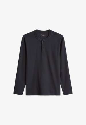 Schwarzes Langarm-Henleyshirt mit rundem Ausschnitt und Zweiknopfleiste, aus geripptem Stoff mit regulärer Passform.