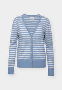 Světle modrý kardigan s horizontálními bílými pruhy, V-výstřihem, zapínáním na knoflíky a žebrovanými manžetami a lemem. Měkčený pletený materiál, volný střih.