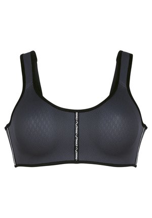 Sort og mørkegrå sportstop lavet af mesh-materiale med en struktureret overflade. Har brede stropper og en central logostribe.