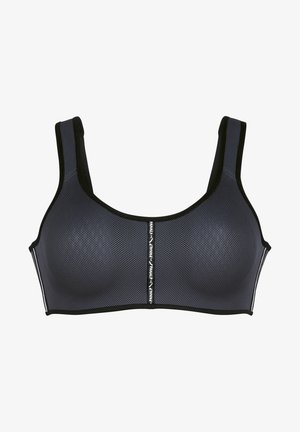 Czarny i ciemnoszary stanik sportowy wykonany z siateczkowego materiału o teksturowanej powierzchni. Posiada szerokie ramiączka oraz centralną taśmę z logo.