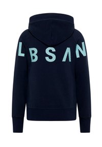 Navy hoodie made of soft material, featuring large, light blue mesh text “LBSAN” across the back, with a classic kangaroo pocket and ribbed cuffs.