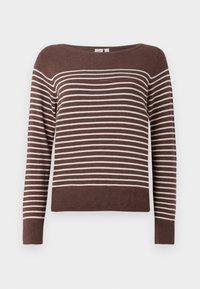 Maglione a righe marrone e crema, con scollatura a barca, maniche lunghe e orlo a costine. Realizzato in un morbido tessuto testurizzato.