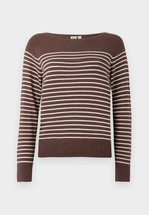 Brown and cream striped sweater, featuring a boat neckline, long sleeves, and ribbed hem. Made of soft, textured fabric.