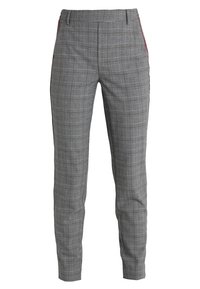 Grå rutiga byxor med slim fit, med ett subtilt rutmönster, sidofickor och en kontrasterande röd accent längs sidorna.