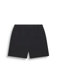 Crne kratke hlače s elastičnom waistband trakom, s teksturiranim materijalom, stražnjim džepom i ravnim krojem. Jednostavan dizajn, bez vidljivih uzoraka.