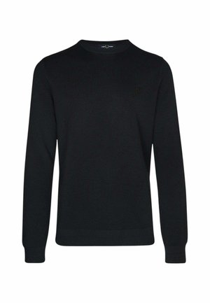 Pull en maille noir à manches longues avec col rond, motif texturé subtil et petit logo brodé sur la poitrine gauche.
