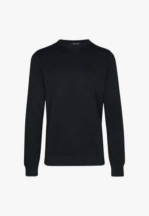 Pull en maille noir à manches longues avec col rond, motif texturé subtil et petit logo brodé sur la poitrine gauche.