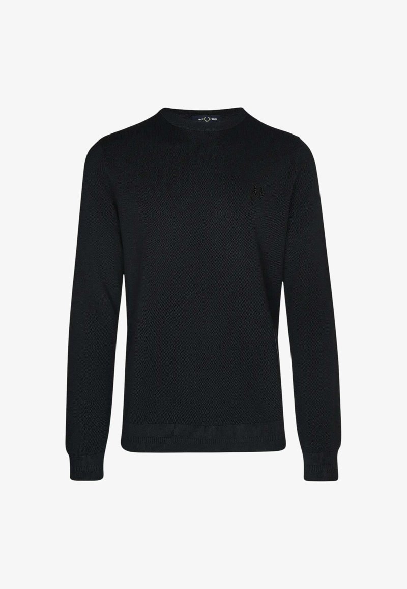 Pull en maille noir à manches longues avec col rond, motif texturé subtil et petit logo brodé sur la poitrine gauche.