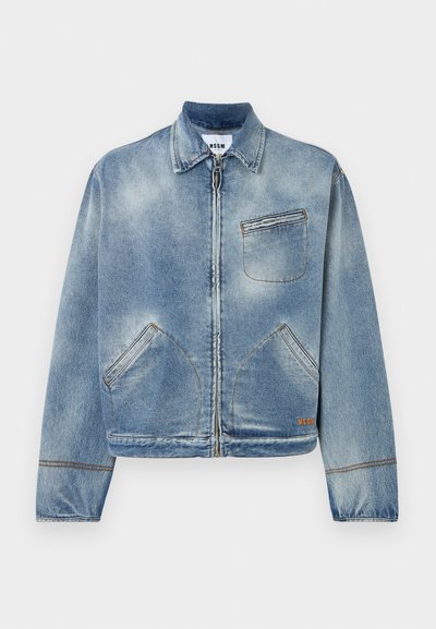 Light blue denim jacket with a front zipper, classic collar, two side pockets, and a single chest pocket. Contrasting stitching details.