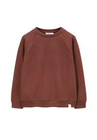 Sweat-shirt marron à manches raglan en tissu doux, avec un col rond et une petite étiquette à l'ourlet. Texture lisse avec des poignets côtelés.