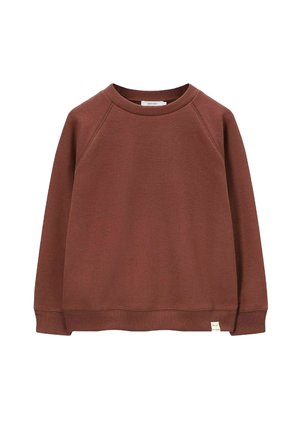 Sweat-shirt marron à manches raglan en tissu doux, avec un col rond et une petite étiquette à l'ourlet. Texture lisse avec des poignets côtelés.