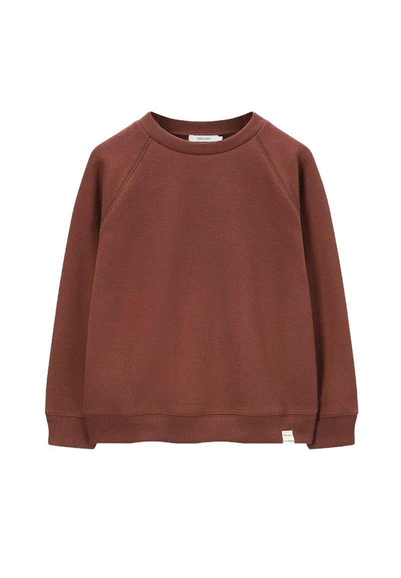 Sweat-shirt marron à manches raglan en tissu doux, avec un col rond et une petite étiquette à l'ourlet. Texture lisse avec des poignets côtelés.