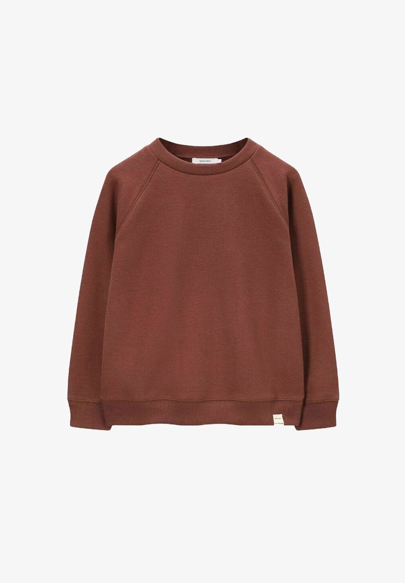 Bruin sweatshirt met raglanmouwen, gemaakt van zacht materiaal, met een ronde halslijn en een klein label aan de zoom. Glad oppervlak met geribde manchetten.
