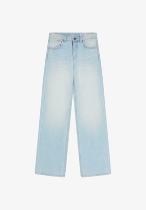 Light blue wide-leg denim jeans with front button and zipper, belt loops, and front pockets on a white background.