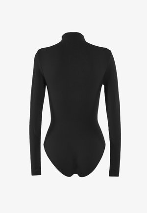 Sort langærmet bodystocking lavet af glat stof, med høj hals og en tætsiddende silhuet samt et sømløst bunddesign.