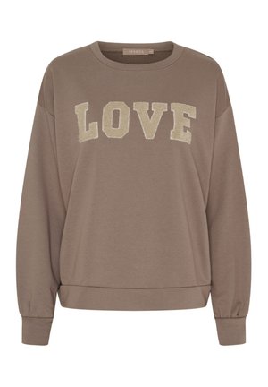 Taupe langærmet sweatshirt med teksturerede beige bogstaver, der staver "LOVE" på tværs af brystet og en rund halsudskæring.