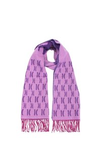 Sciarpa viola con motivo a ripetizione e estremità frangianti. Realizzata in materiale morbido con una superficie liscia. Misura lunga e stretta.