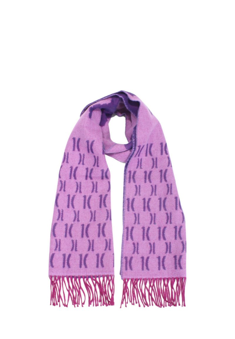Sciarpa viola con motivo a ripetizione e estremità frangianti. Realizzata in materiale morbido con una superficie liscia. Misura lunga e stretta.