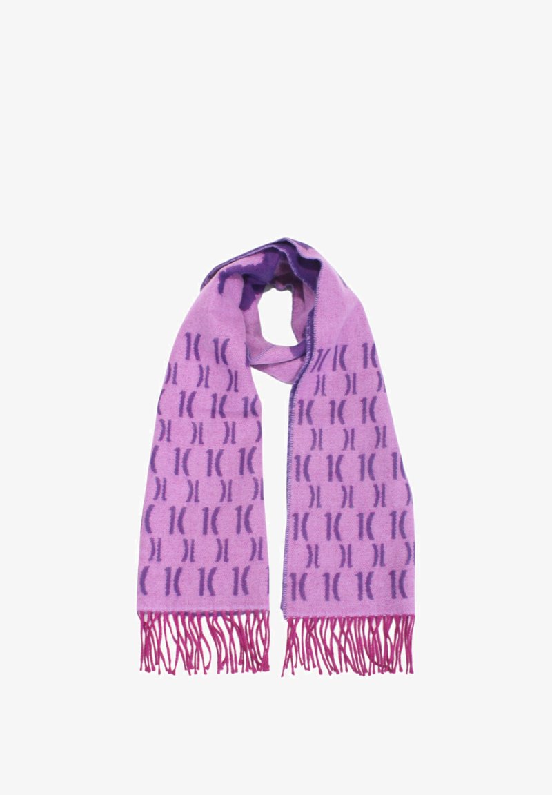 Sciarpa viola con motivo a ripetizione e estremità frangianti. Realizzata in materiale morbido con una superficie liscia. Misura lunga e stretta.