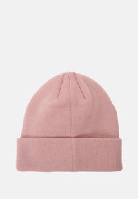 Berretto lavorato a maglia rosa con risvolto, texture morbida, parte superiore arrotondata e leggero motivo a coste in tutto il capo.