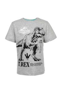 Gray T-shirt with a black sketch of T. rex, footprints, a tooth drawing, Jurassic World logo, and text describing the T. rex breed.